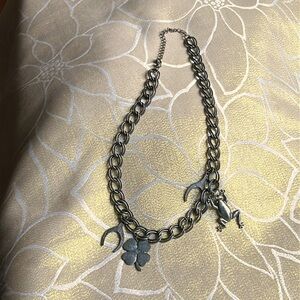 VINTAGE Silver Tone Charm Necklace Wishbones Four Leaf Clover Frog